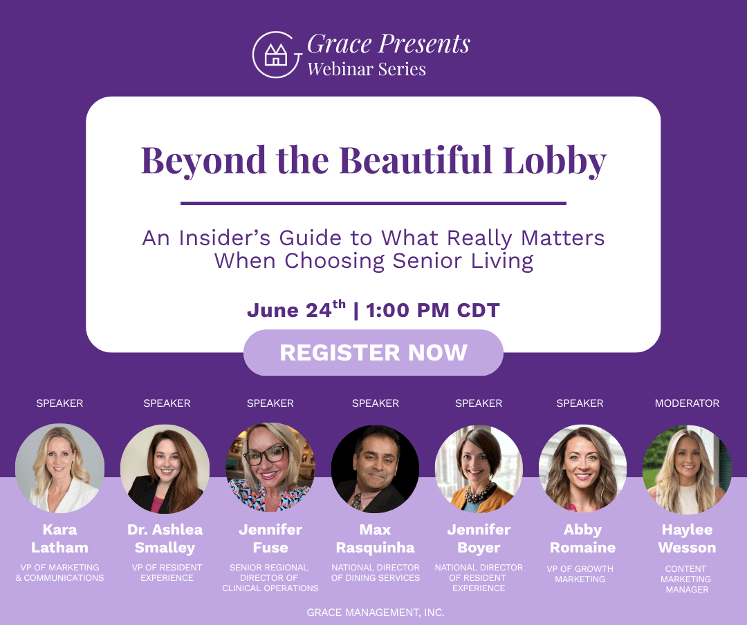 Promotional banner for Grace Presents: Beyond the Beautiful Lobby webinar on June 24 at 1:00 PM CDT with a Register Now button and seven speaker headshots.
