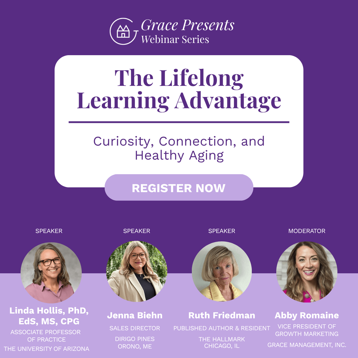 Grace Presents webinar banner: The Lifelong Learning Advantage with a Register Now button and four speaker headshots with names and titles.